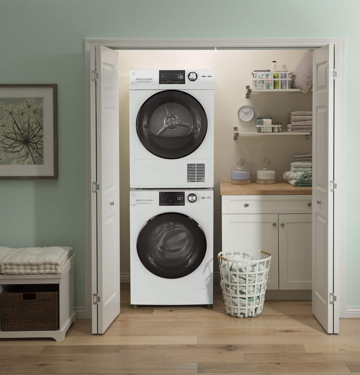 GE – 2.4 Cu. Ft. High Efficiency Stackable Front Load Washer with Steam and Sanitize – White