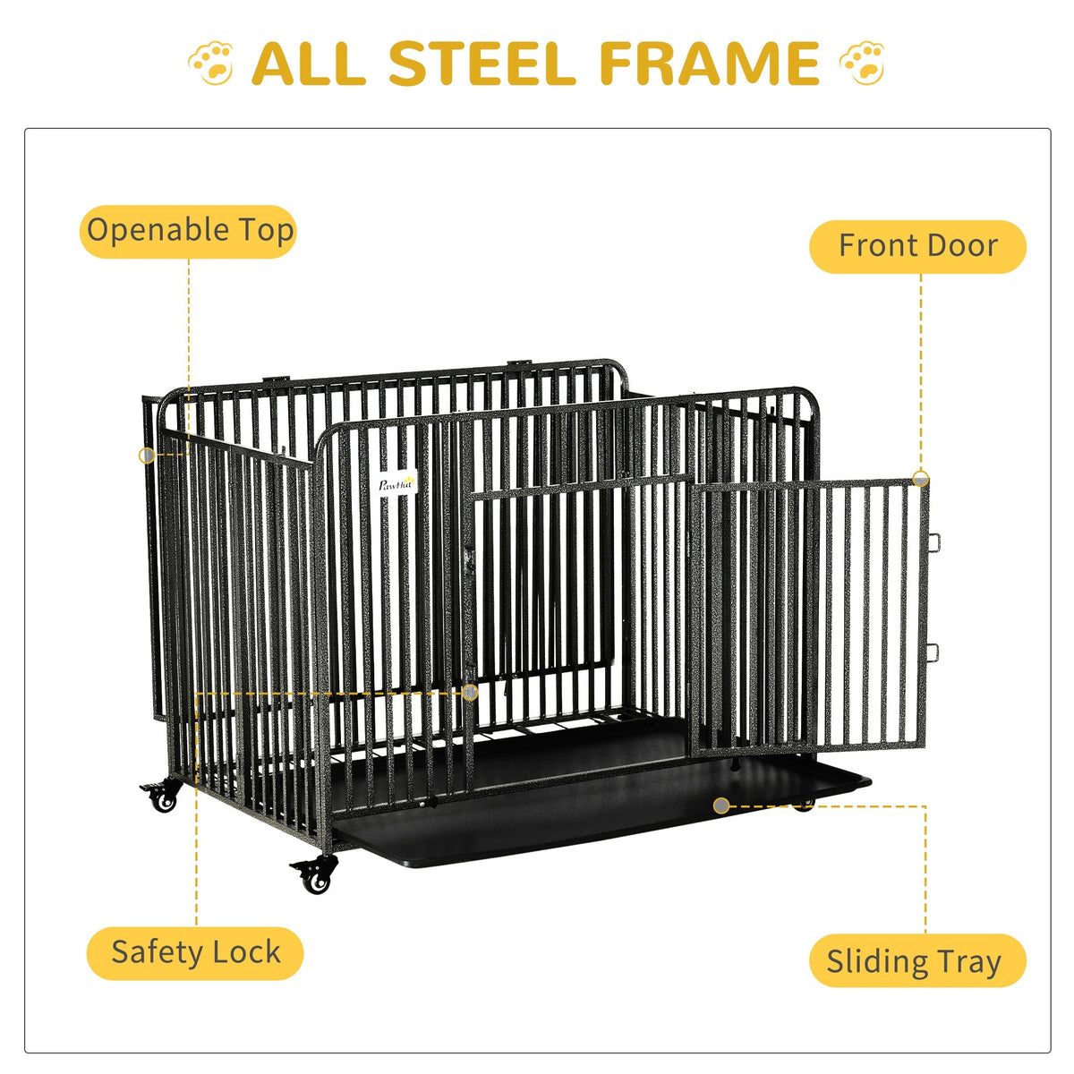 43" Heavy Duty Dog Cage, Foldable Steel Crate Kennel with Removable Tray, Double Doors, 4 Lockable Wheels for Medium & Large Dogs, Dark Silver - Prioka