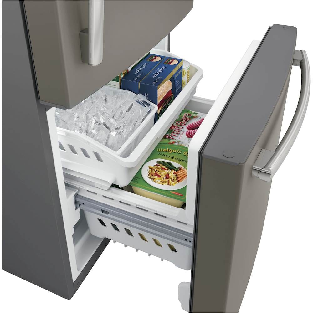 GE – 30 in. Wide 21.0 Cu. Ft. Bottom-Freezer Refrigerator with Sliding Snack Drawer – Slate