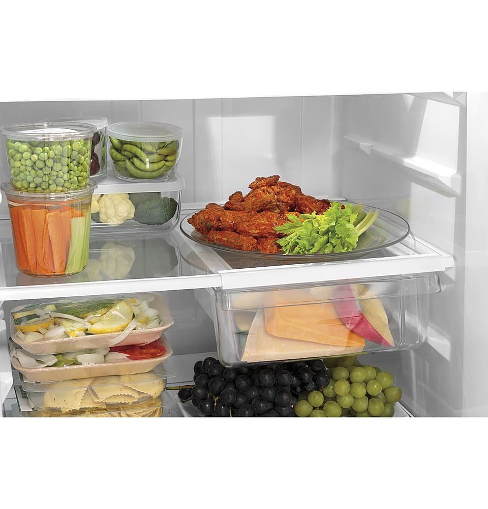 GE – 28 in. Wide 16.6 Cu. Ft. Top-Freezer Refrigerator with Edge-to-Edge Glass Shelves – White