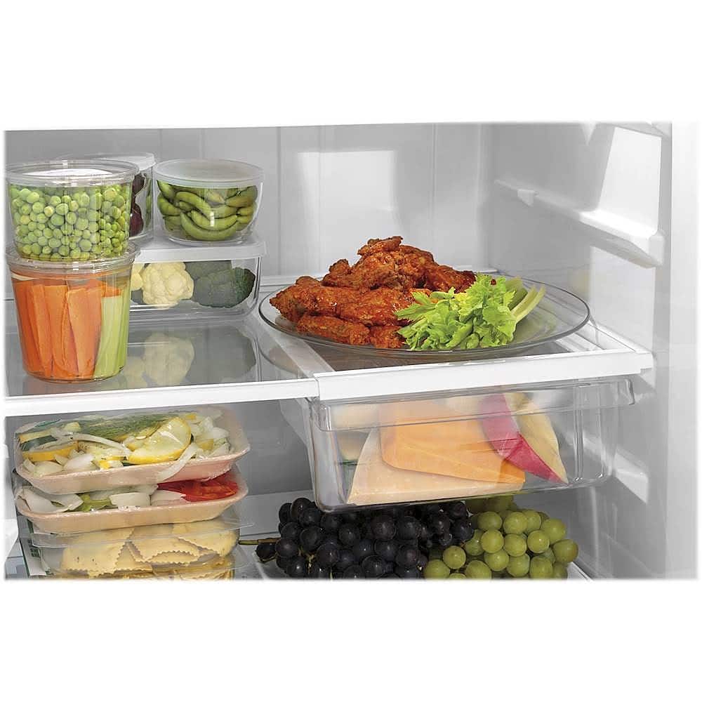 GE – 28 in. Wide 16.6 Cu. Ft. Top-Freezer Refrigerator with Edge-to-Edge Glass Shelves – Stainless Steel
