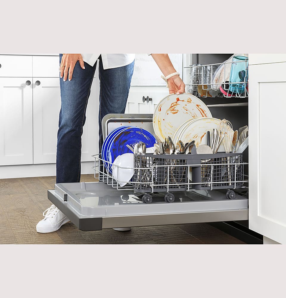 GE – 24″ Front Control Built-In Plastic Tub Dishwasher with Extra Heavy Duty Wash Cycle and 60dBA – White