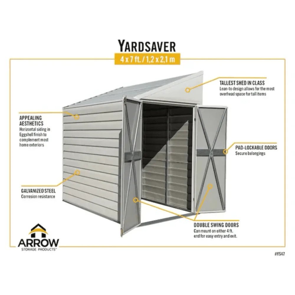 Arrow Yardsaver 4 x 7 ft. Galvanized Steel Lean-To Outdoor Storage Shed, Eggshell - Prioka