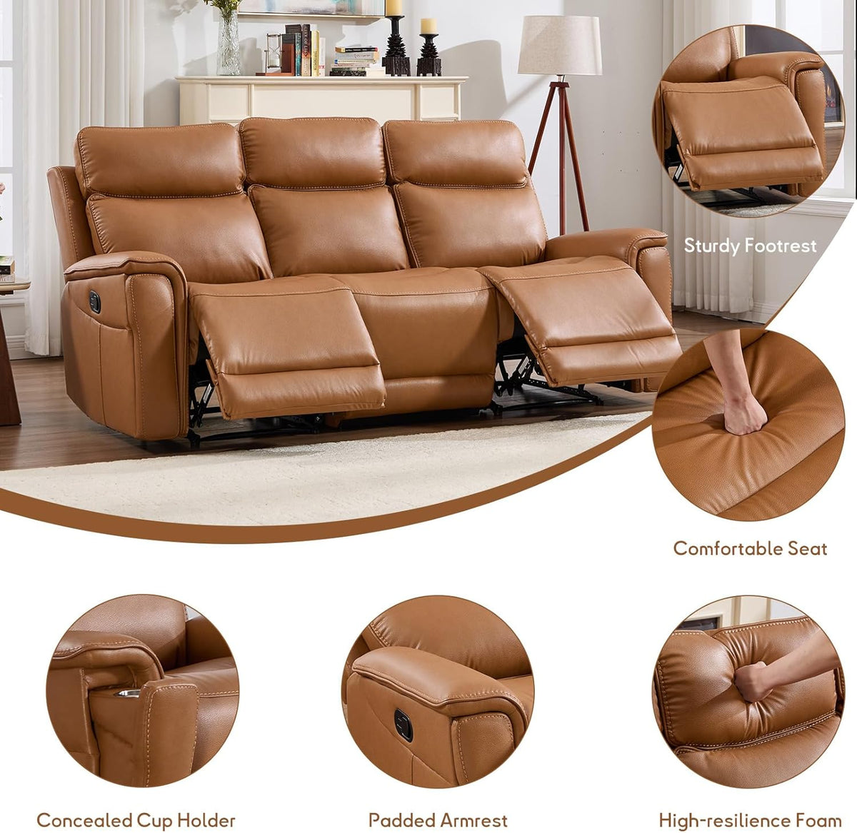 Bergenfield Furniture 3 Seater Recliner Sofa Manual Faux Leather Reclining Couch with Cup Holder - Prioka