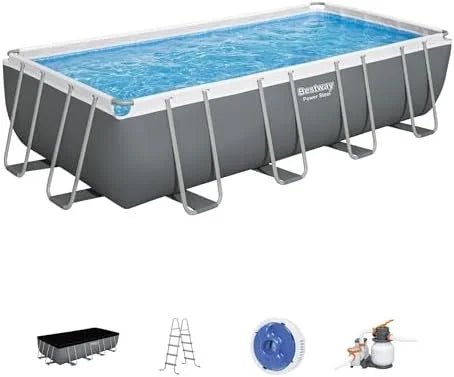 Bestway Power Steel 18′ x 9′ x 48″ Rectangular Metal Frame Above Ground Outdoor Swimming Pool Set with 1,500 GPH Filter Pump, Ladder, and Pool Covers - Prioka