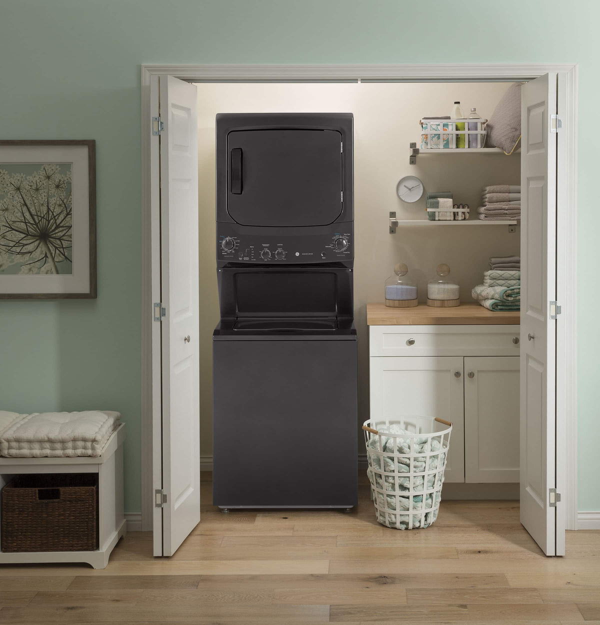 GE – 3.8 Cu. Ft. Top Load Washer and 5.9 Cu. Ft. Electric Dryer Laundry Center – Diamond Gray