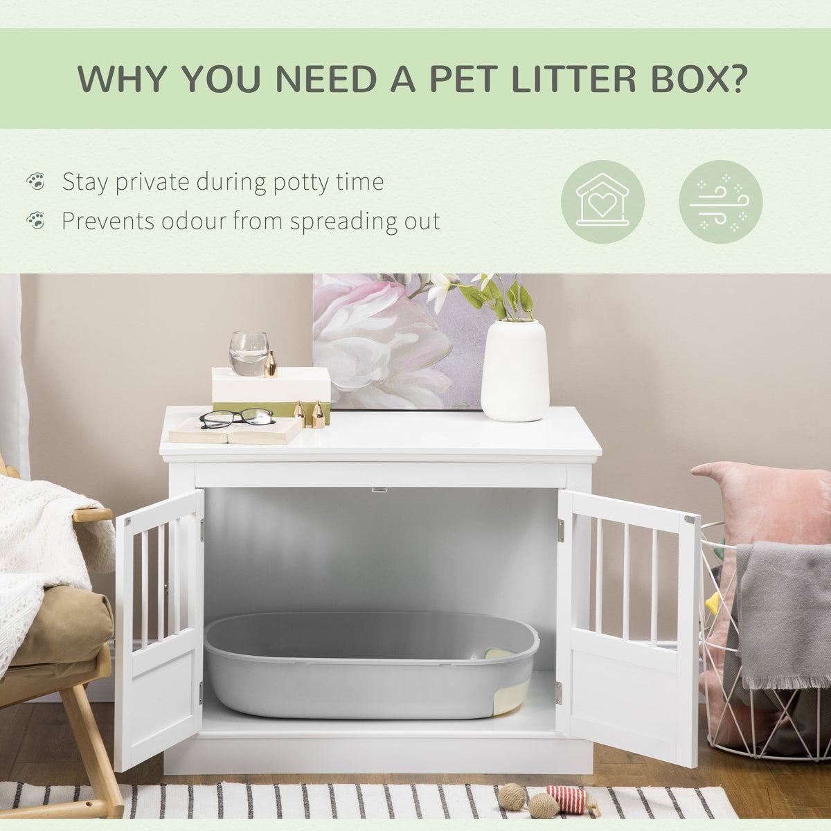 Cat Litter Box Enclosure with Magnetic Doors, Cat Washroom Nightstand with Large Top, Hidden Litter Box Side Table with Latches, White - Prioka
