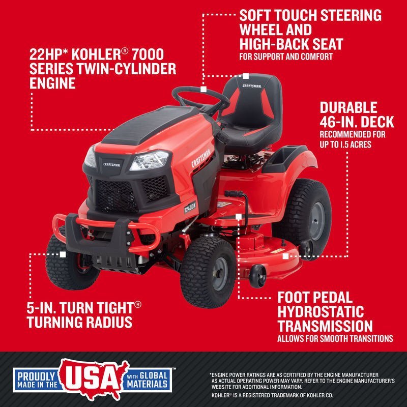 CRAFTSMAN T2400K | 46in 22HP TURN TIGHT Gas Riding Lawn Mower | KOHLER Twin-Cylinder 7000 Series Engine | Hydrostatic Transmission - Prioka