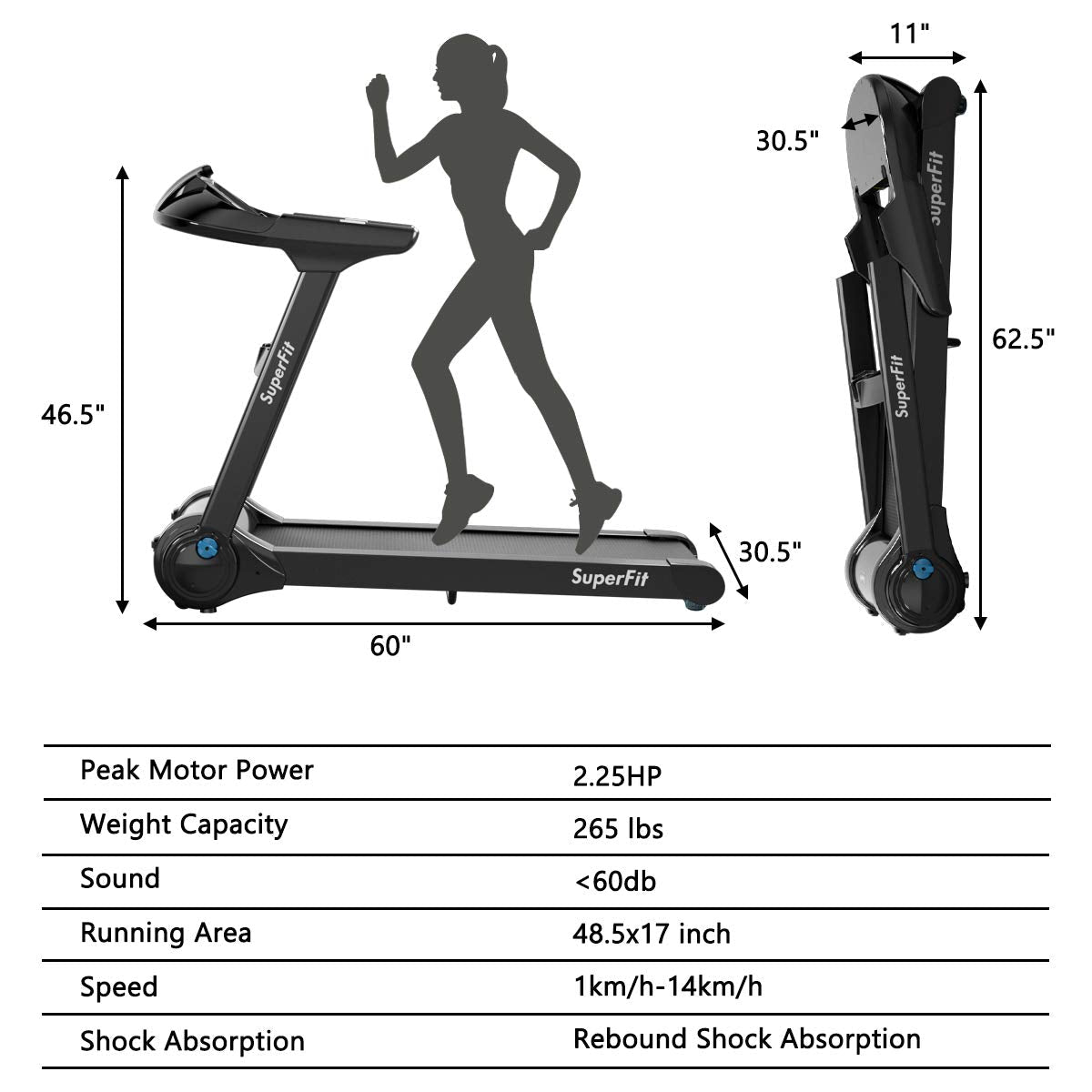 Folding Treadmill, Superfit Electric Portable Treadmill - Prioka