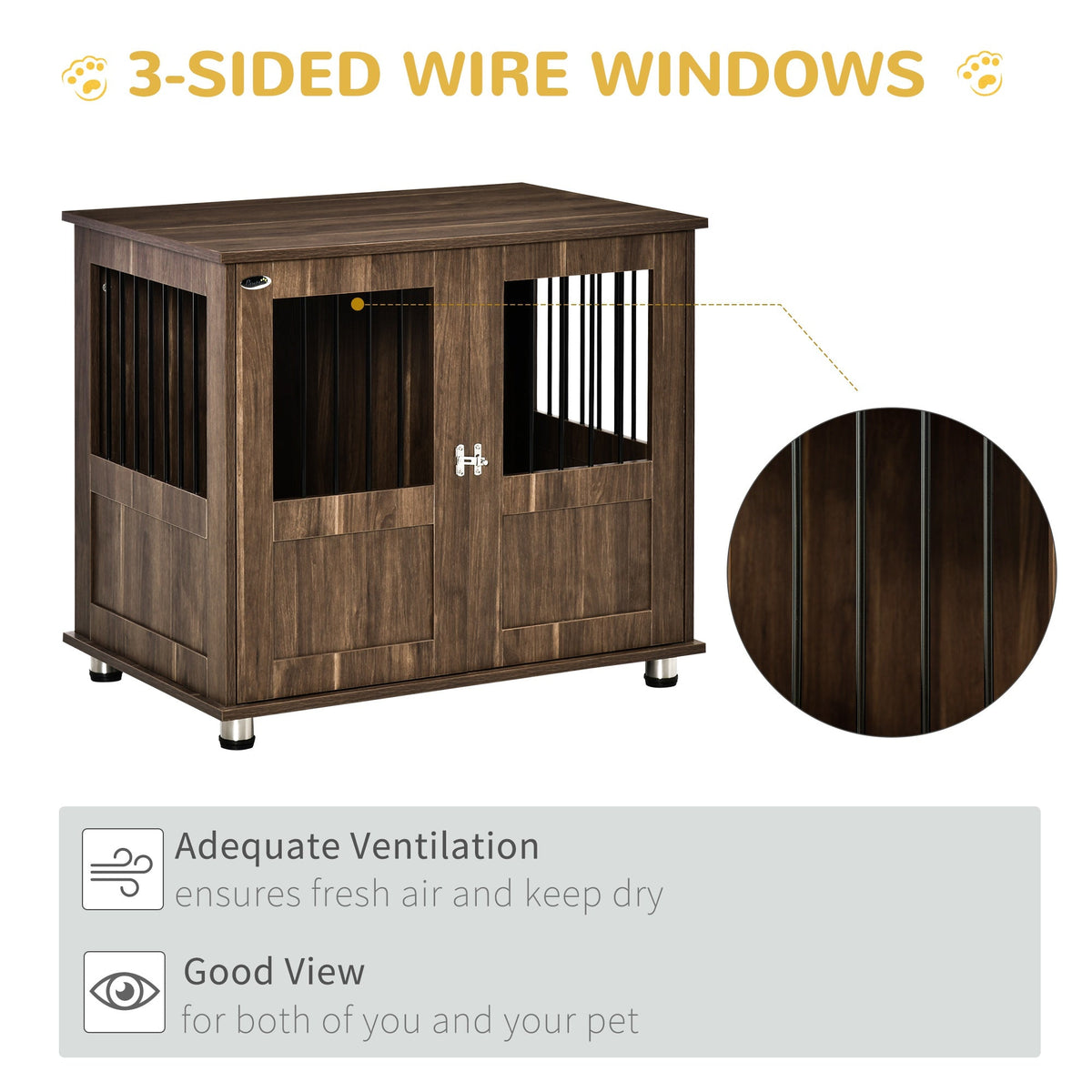 Furniture Style Dog Crate, Wooden & Wire End Table, Small & Medium Pet Crate with Magnetic Double Door Indoor Decorative Dog Kennel Cage, Brown - Prioka