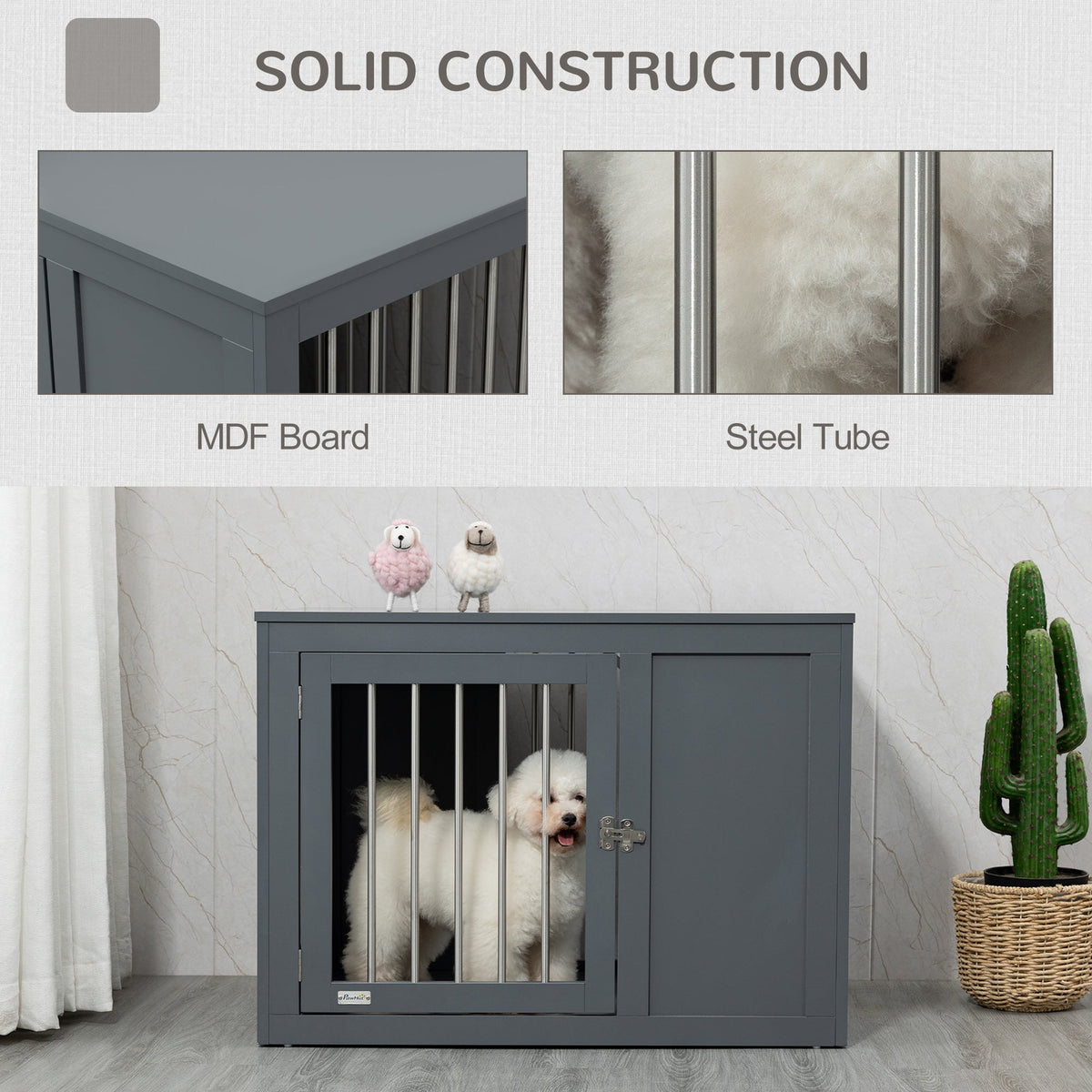 Furniture Style Indoor Dog Crate, End Table Pet Cage Kennel with Double Doors, and Locks, for Medium Dogs, Grey - Prioka