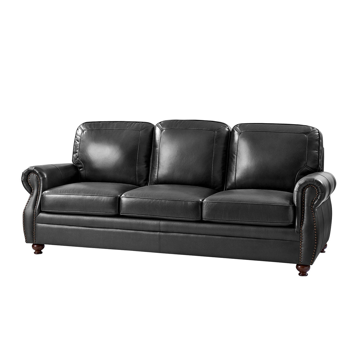 Gerardo Genuine Leather Sofa – Black Rolled Arm Nailhead Sofa - Prioka