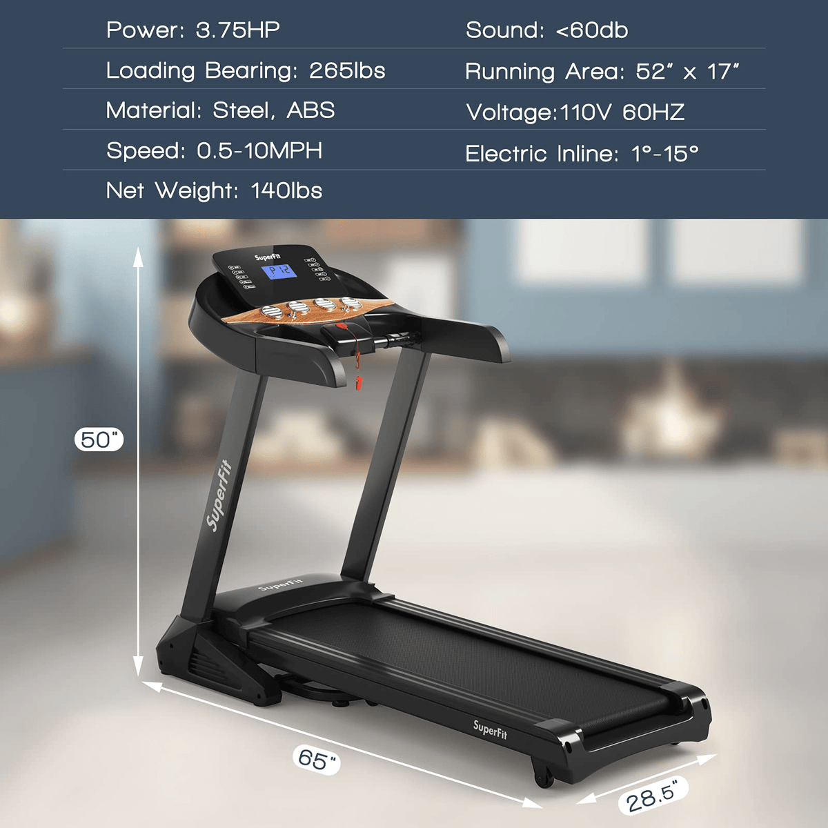Goplus 3.75HP Folding Treadmill with Incline, Electric Superfit Treadmill w/App Control, 12 Preset & 3 Custom Programs - Prioka