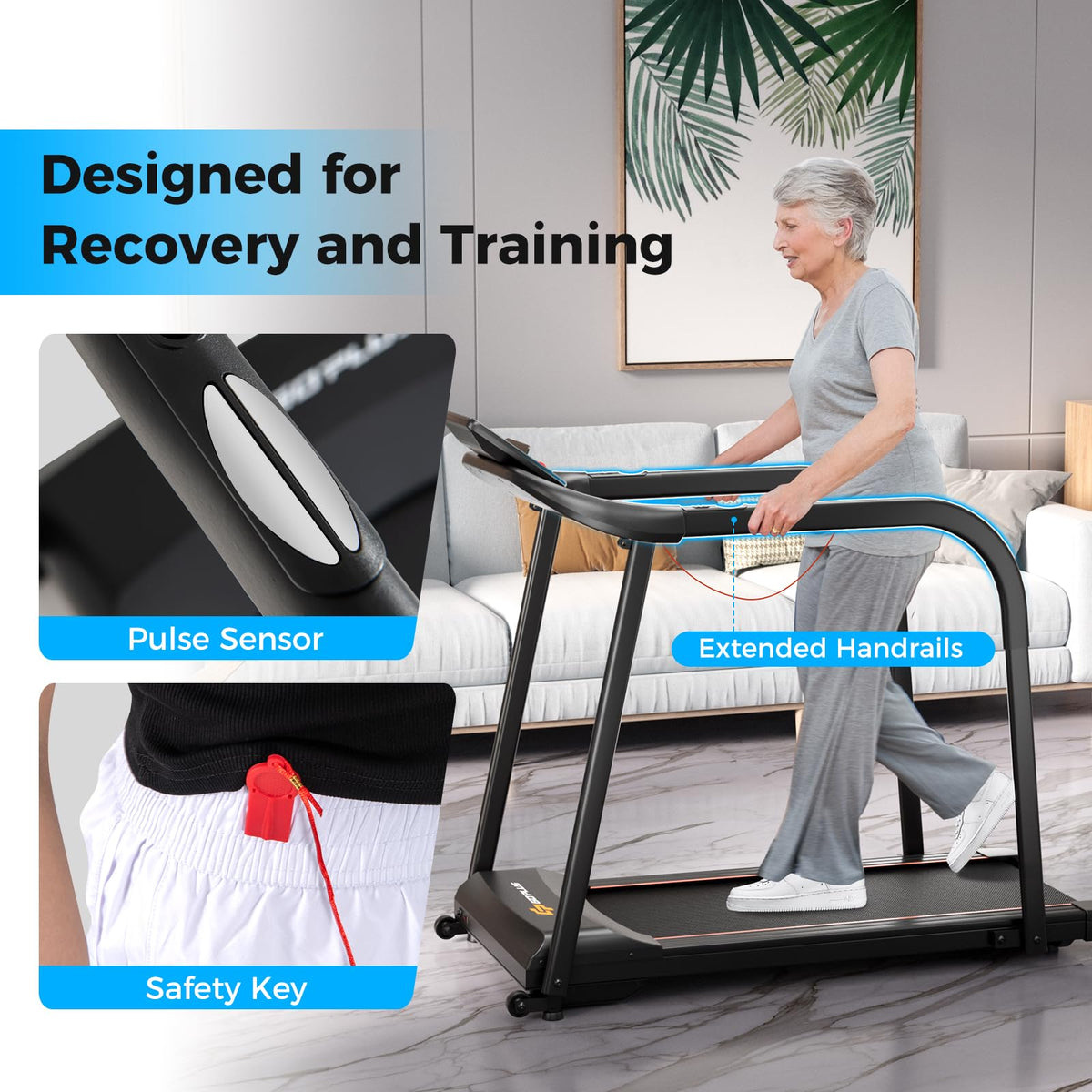 Goplus Walking Treadmill for Senior with Long Handrail, 300 lbs Capacity, Recovery Fitness Exercise Machine for Home with Pulse Sensors - Prioka