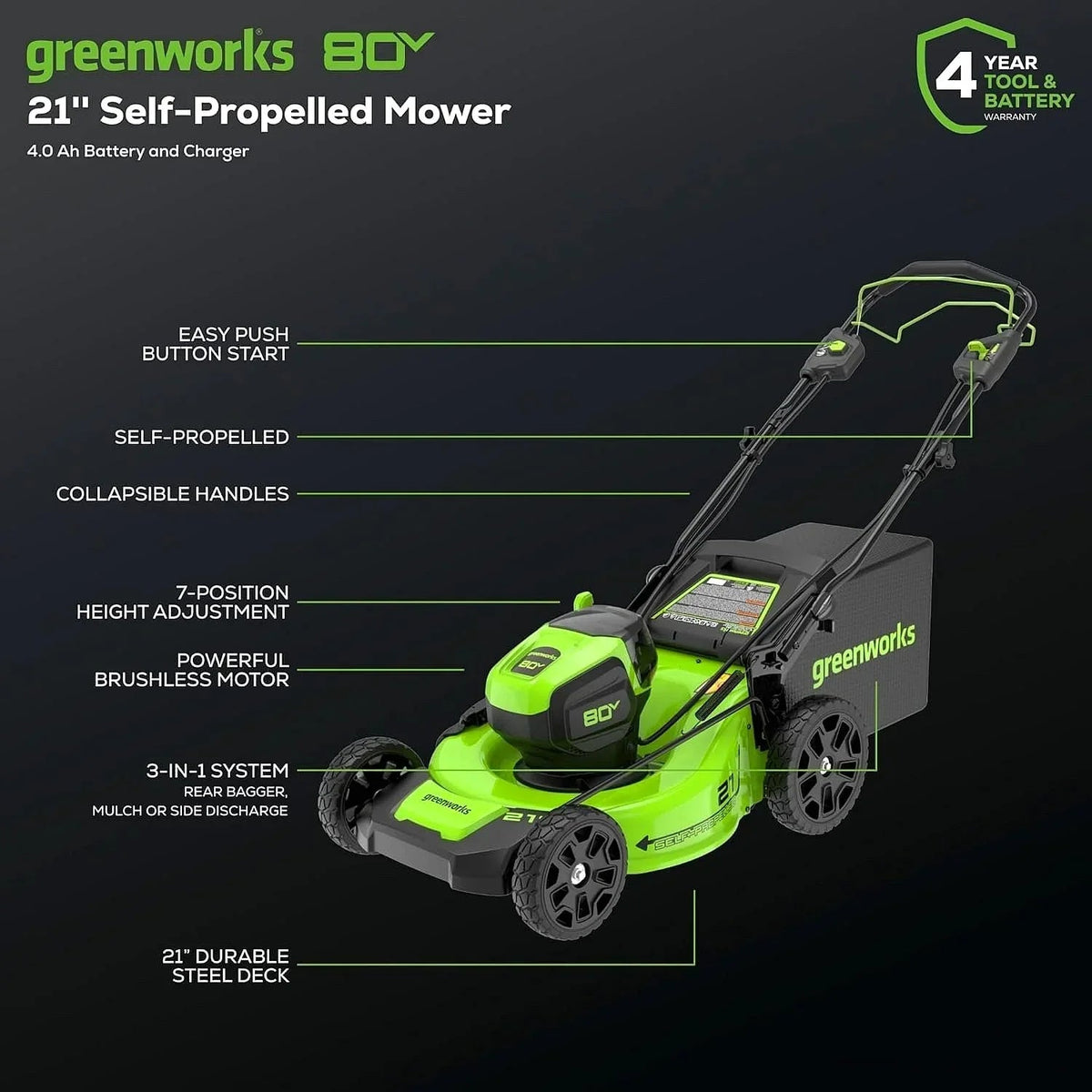 Greenworks 80V 21-Inch Cordless Self-Propelled Lawn Mower - Prioka