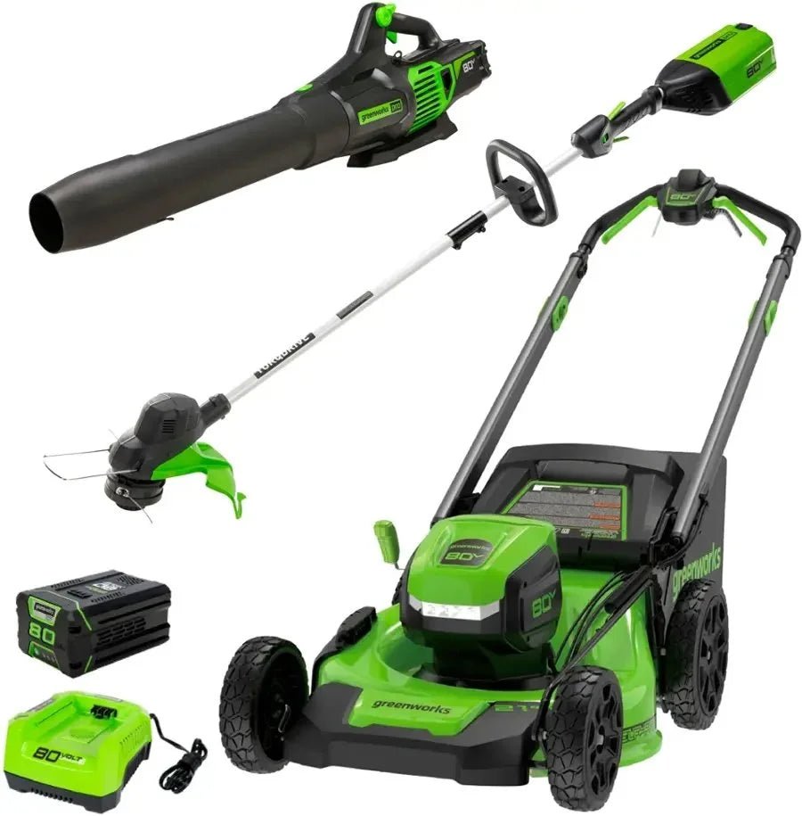 Greenworks 80V 21” Lawn Mower, 13” String Trimmer, and 730 Leaf Blowers. - Prioka