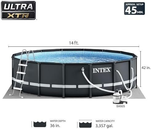 Intex Ultra XTR Frame 14′ x 42″ Round Above Ground Outdoor Swimming Pool Set with Sand Filter Pump, Ladder, Ground Cloth, and Pool Cover - Prioka