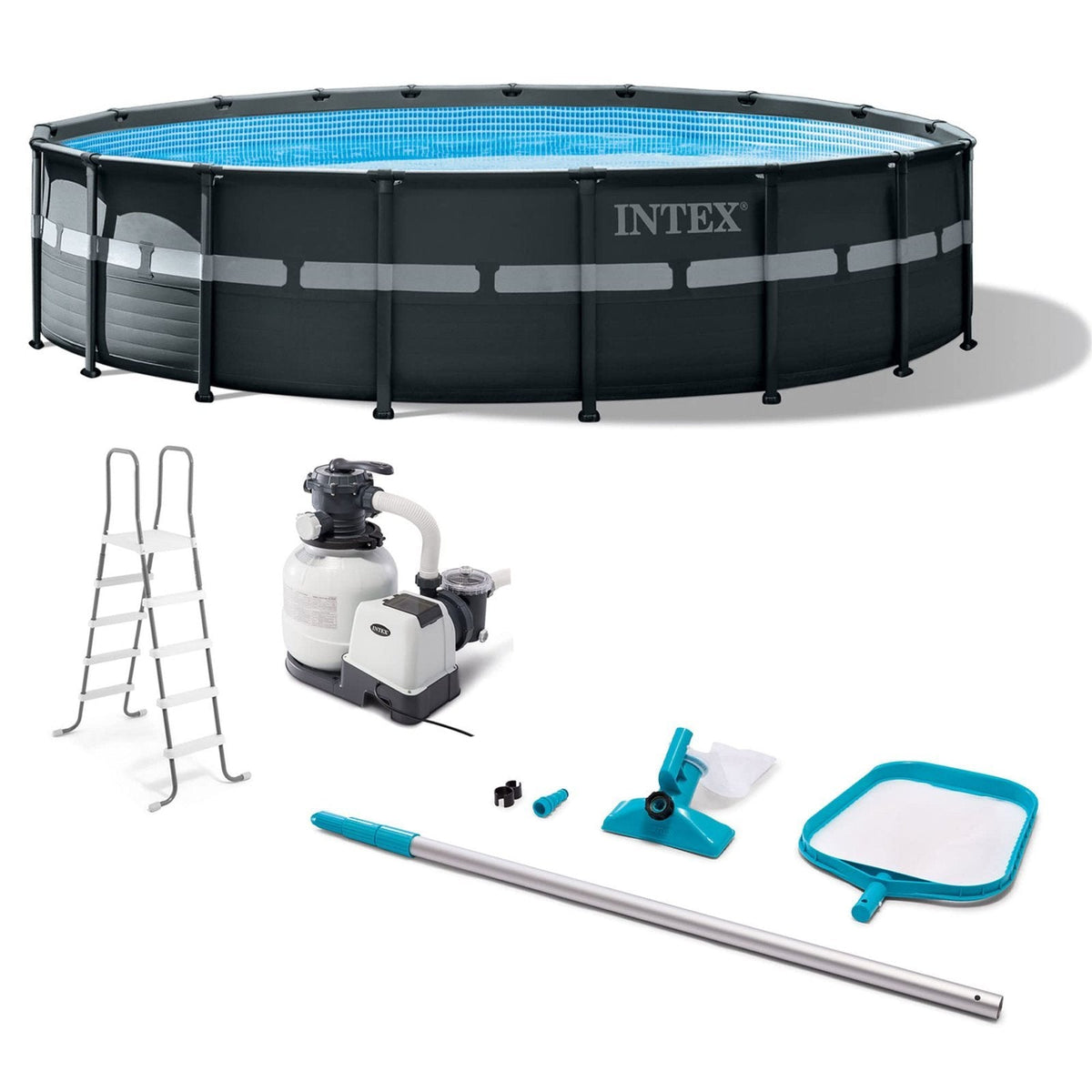 Intex Ultra XTR Frame 18′ x 52″ Above Ground Swimming Pool with Sand Filter Pump, Ladder, Cover, & Maintenance Accessory Kit with Vacuum and Skimmer - Prioka