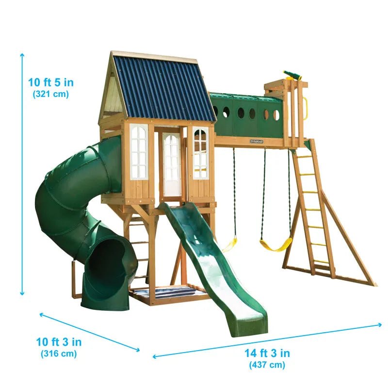 KidKraft Skyway Resort Wooden Swing Set with Dual Slides and Playhouse - Prioka