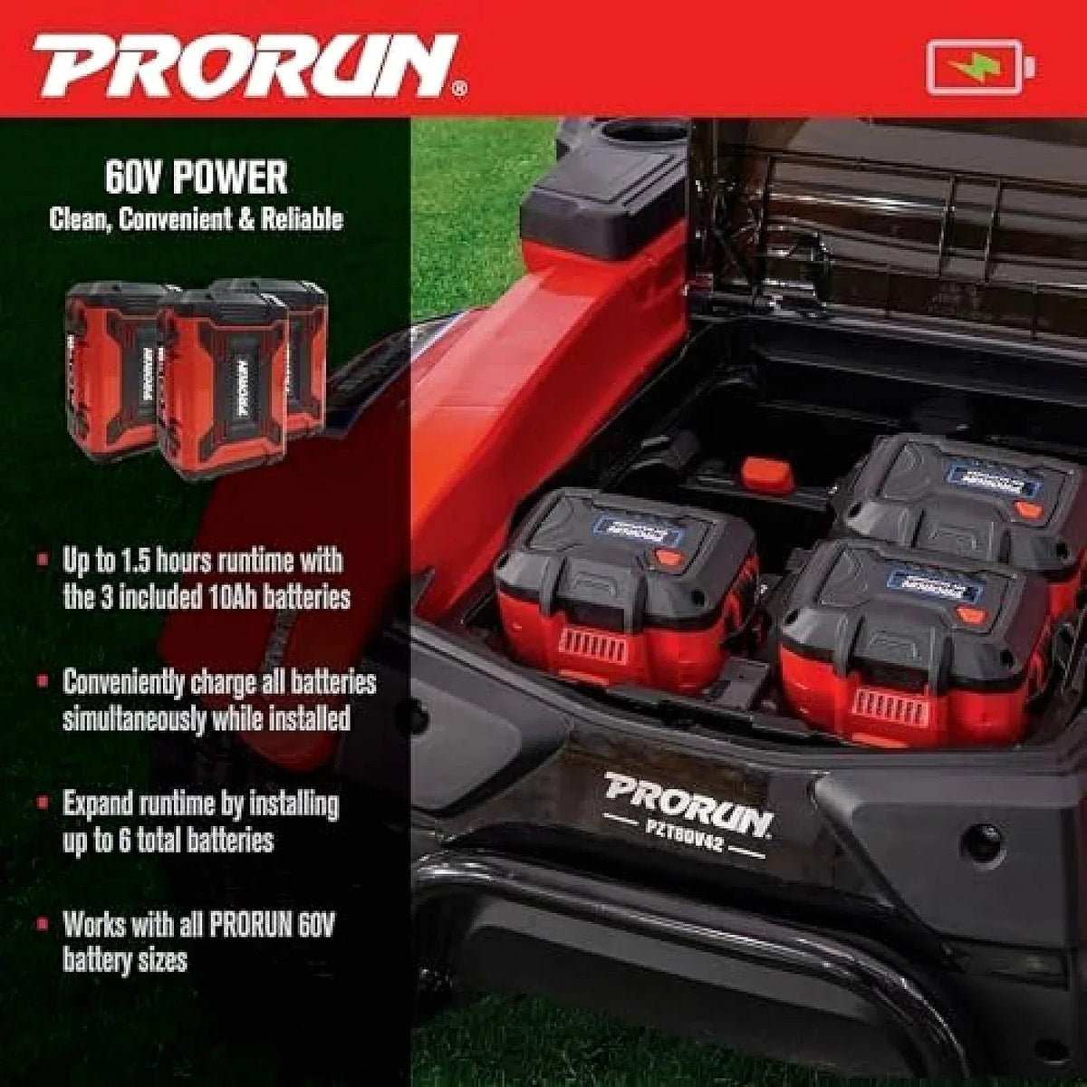 PRORUN PZT60V42 60V 42-inch Brushless Electric Zero Turn Riding Lawn Mower - Prioka