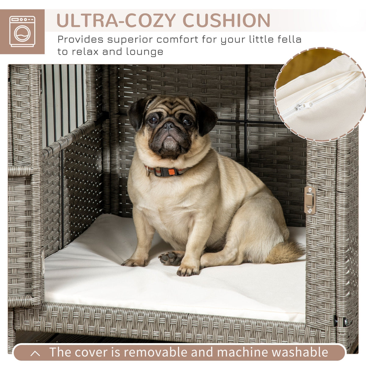 Rattan Dog Crate, Wicker Dog Cage with Lockable Door and Soft Washable Cushion, Dog Kennel Furniture for Small Sized Dogs, Grey - Prioka