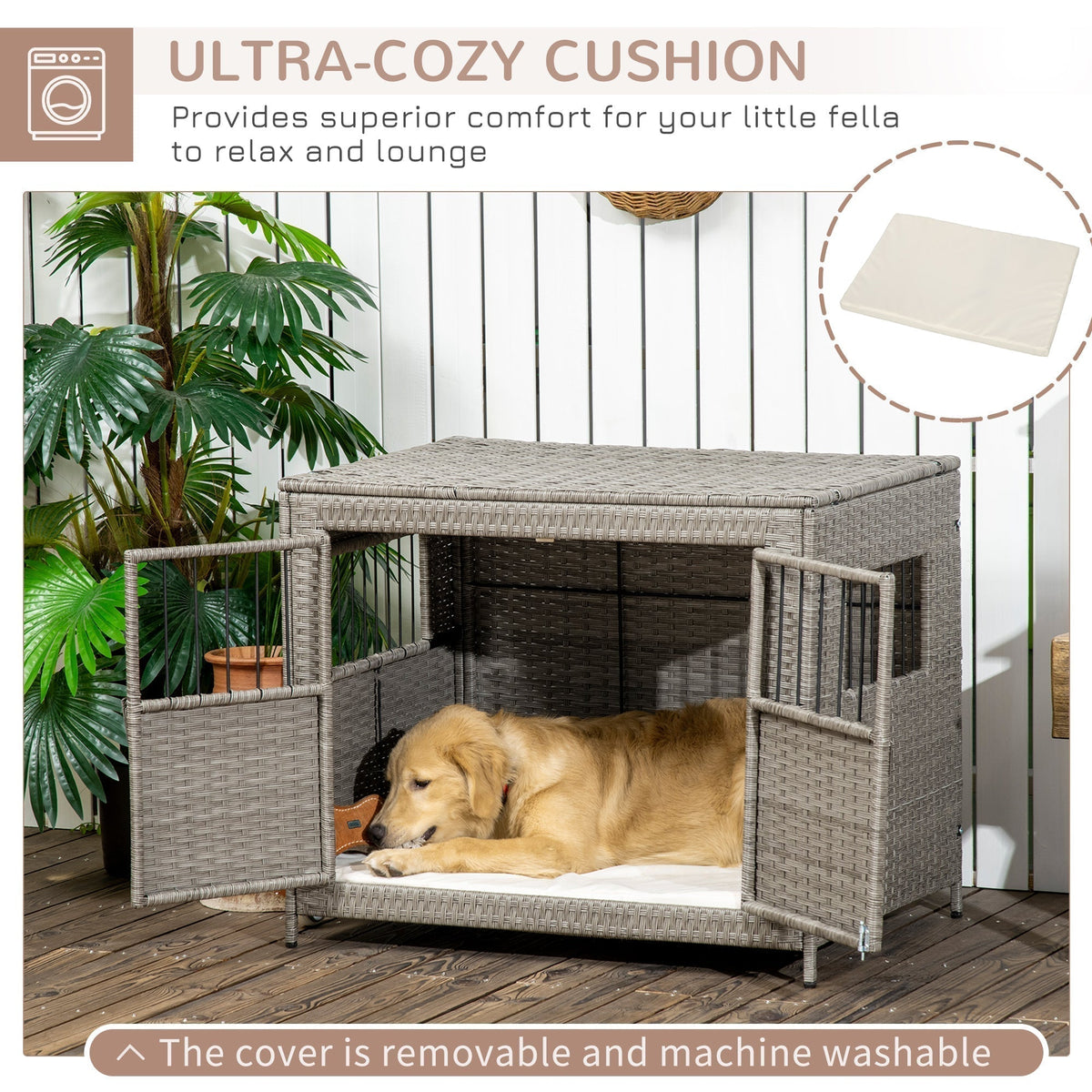 Rattan Dog Crate with Double Doors, Wicker Dog Cage with Soft Washable Cushion, Dog Kennel Furniture for Medium to Large Sized Dogs, Grey - Prioka