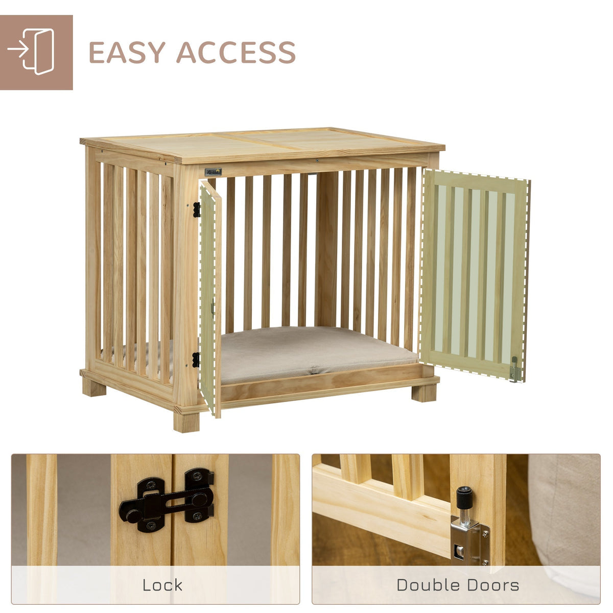 Wooden Dog Crate Furniture with Soft Cushion, Dog Crate End Table with Double Doors, Indoor Pet Crate for Small Medium Dogs - Prioka