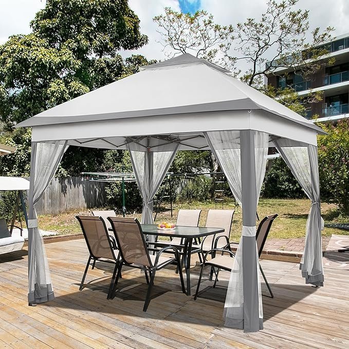 Yaheetech 11×11 Pop Up Gazebo Outdoor Canopy Shelter, Instant Patio Gazebo Sun Shade Canopy Tent with 4 Sandbags, 2 Tiers Roof & Mesh Netting for Lawn, Garden, Backyard & Deck, Gray - Prioka