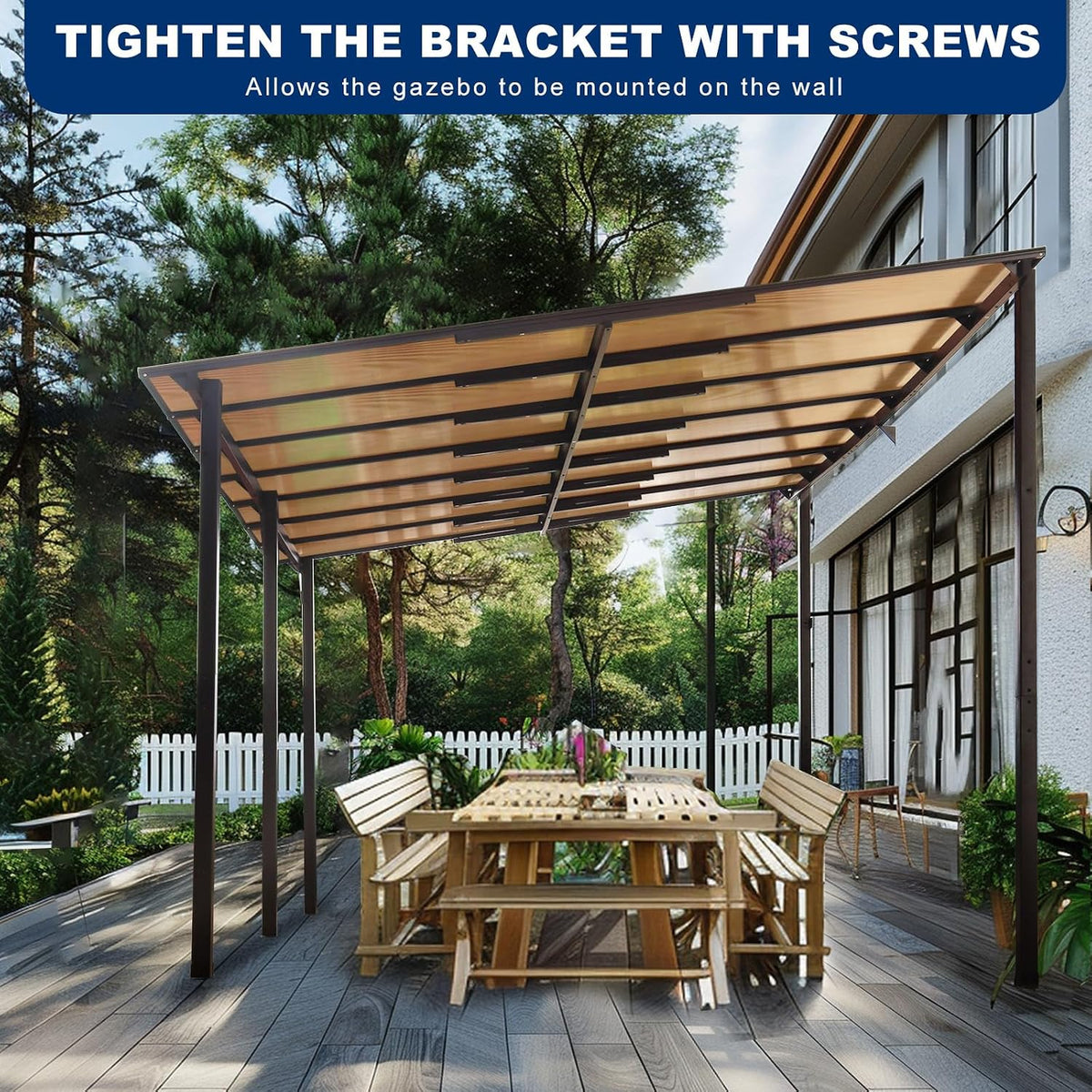 10×14 FT Outdoor Metal Flexible Top Lean to Gazebo Pergola with Sloped Roof, Heavy Duty Wall-Mounted Patio Awnings with Powder-Coated Steel Frame, for Lawn, Garden, Backyard and Deck, Grey - Prioka