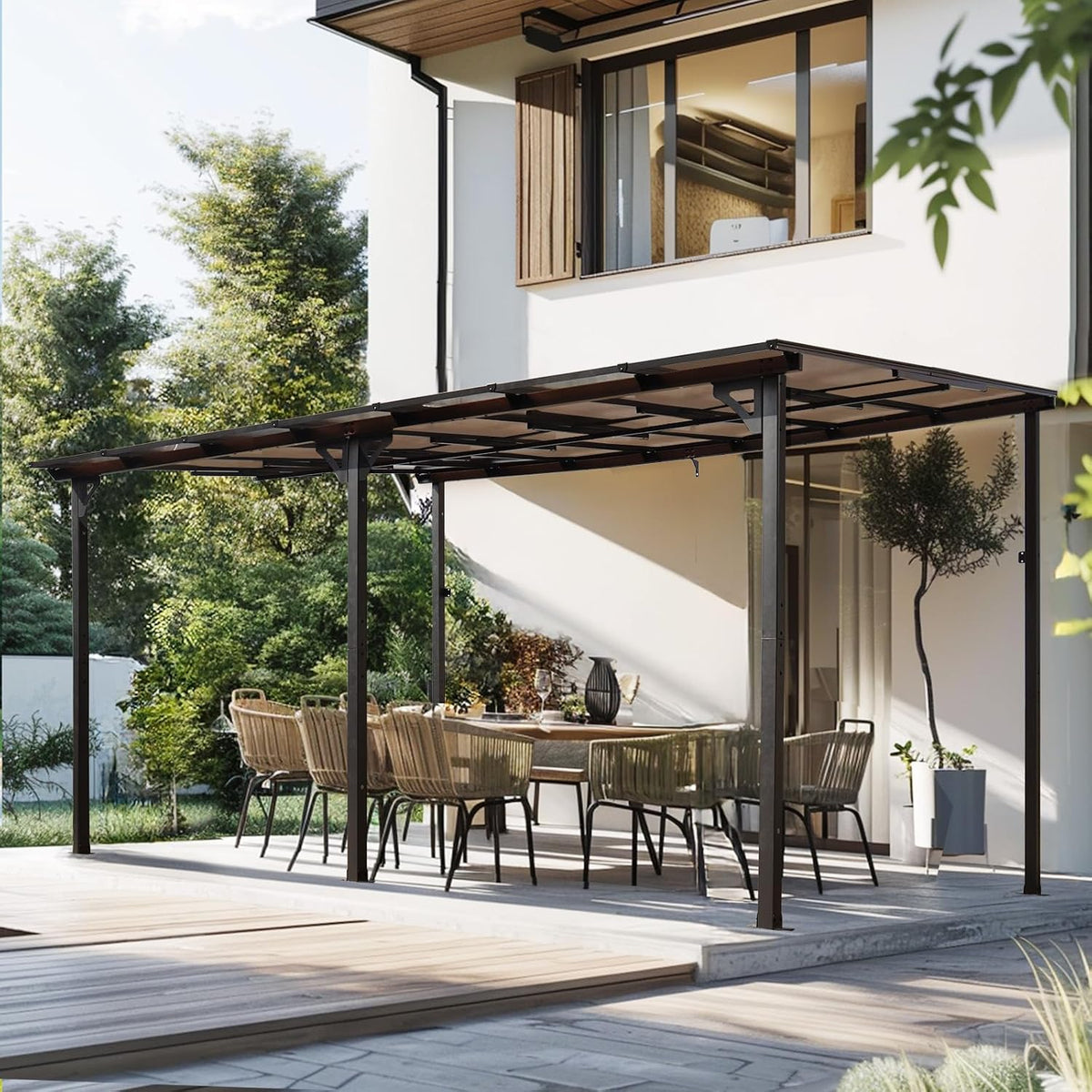 10×14 FT Outdoor Metal Flexible Top Lean to Gazebo Pergola with Sloped Roof, Heavy Duty Wall-Mounted Patio Awnings with Powder-Coated Steel Frame, for Lawn, Garden, Backyard and Deck, Grey - Prioka
