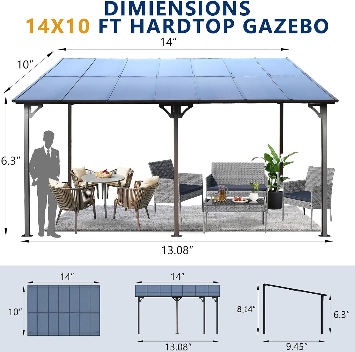 10×14 FT Outdoor Metal Flexible Top Lean to Gazebo Pergola with Sloped Roof, Heavy Duty Wall-Mounted Patio Awnings with Powder-Coated Steel Frame, for Lawn, Garden, Backyard and Deck, Grey - Prioka