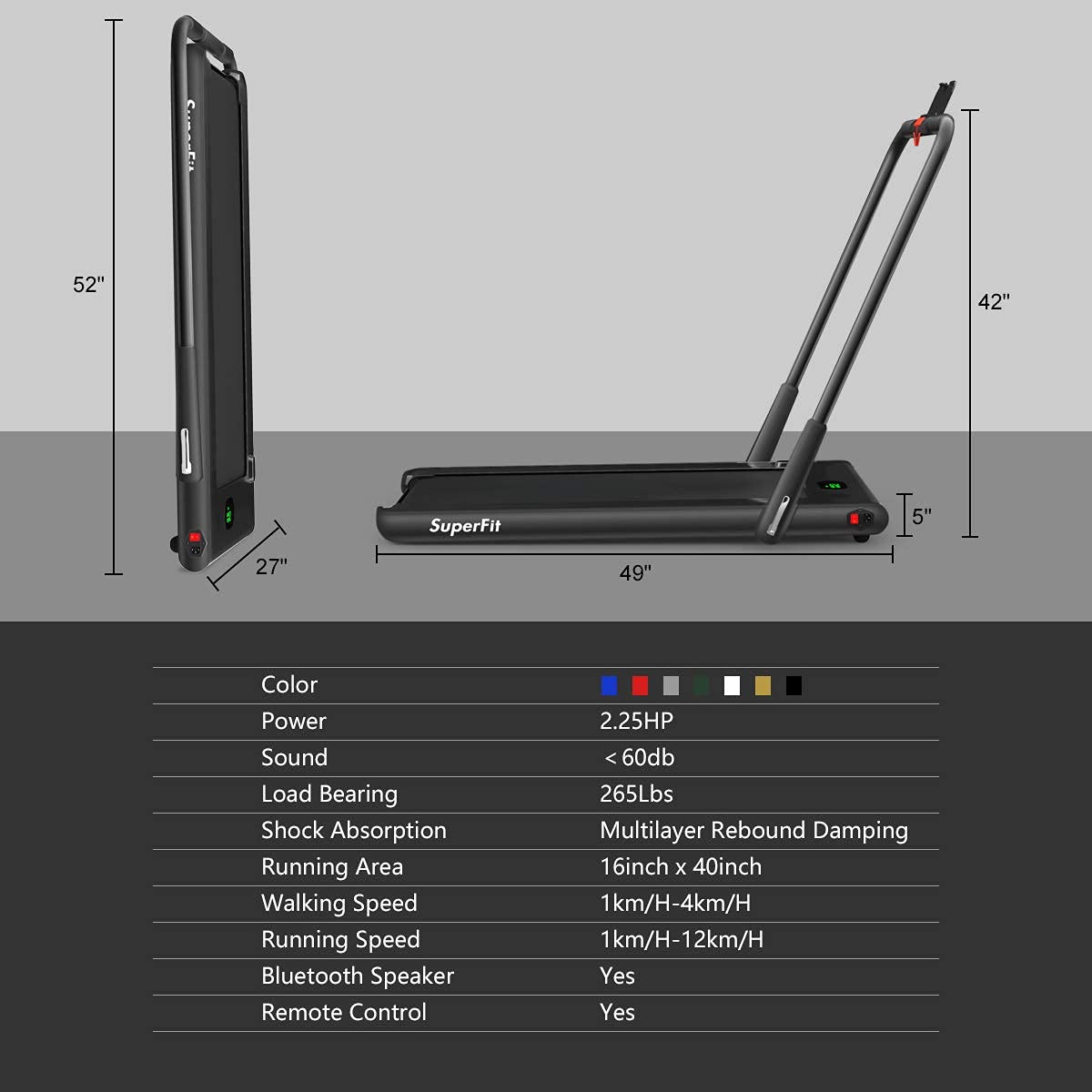 2 in 1 Folding Treadmill, 2.25HP Under Desk Electric Superfit Treadmill - Prioka