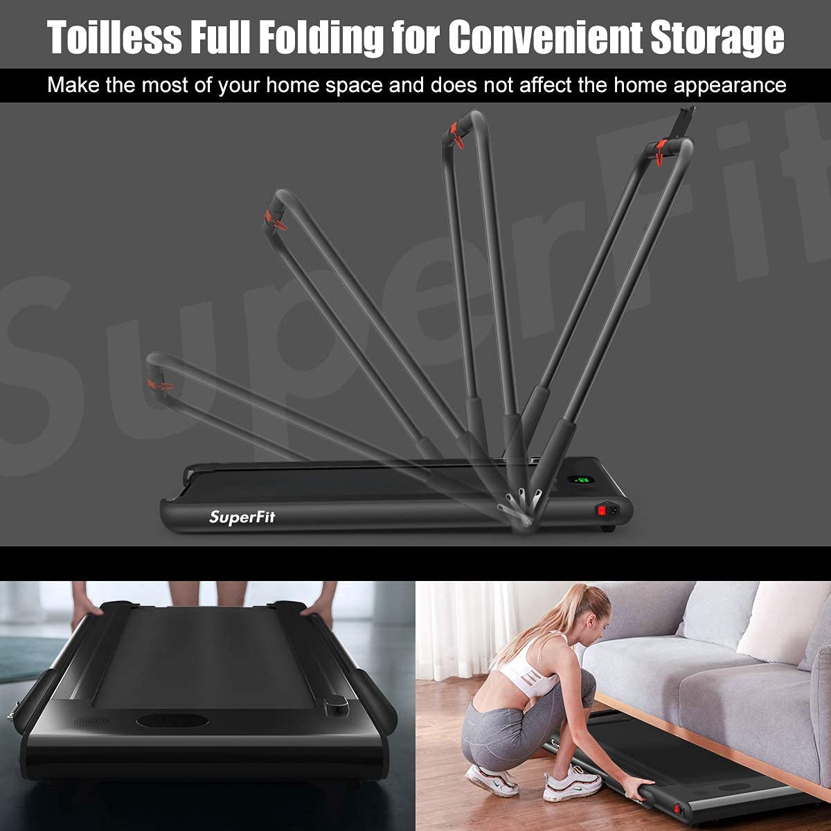 2 in 1 Folding Treadmill, 2.25HP Under Desk Electric Superfit Treadmill - Prioka