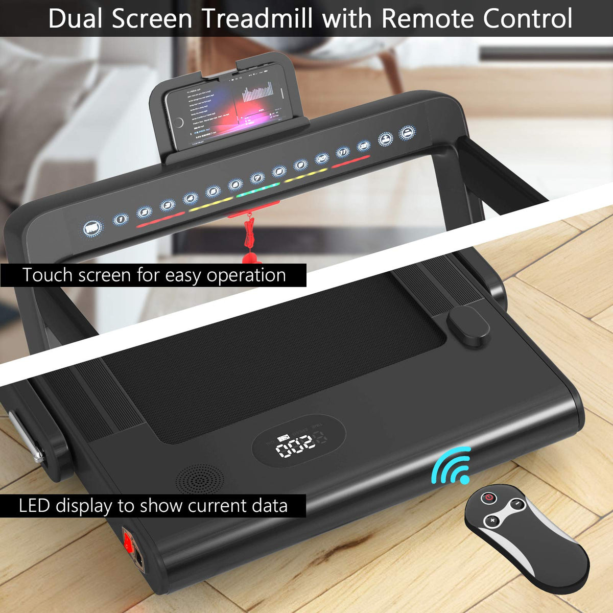 2 in 1 Folding Treadmill with Dual Display, 2.25HP Superfit Under Desk Electric Pad - Prioka
