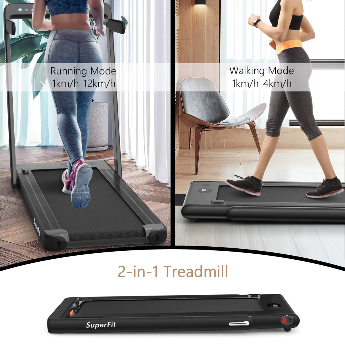 2 in 1 Folding Treadmill with Dual Display, 2.25HP Superfit Under Desk Electric Pad - Prioka