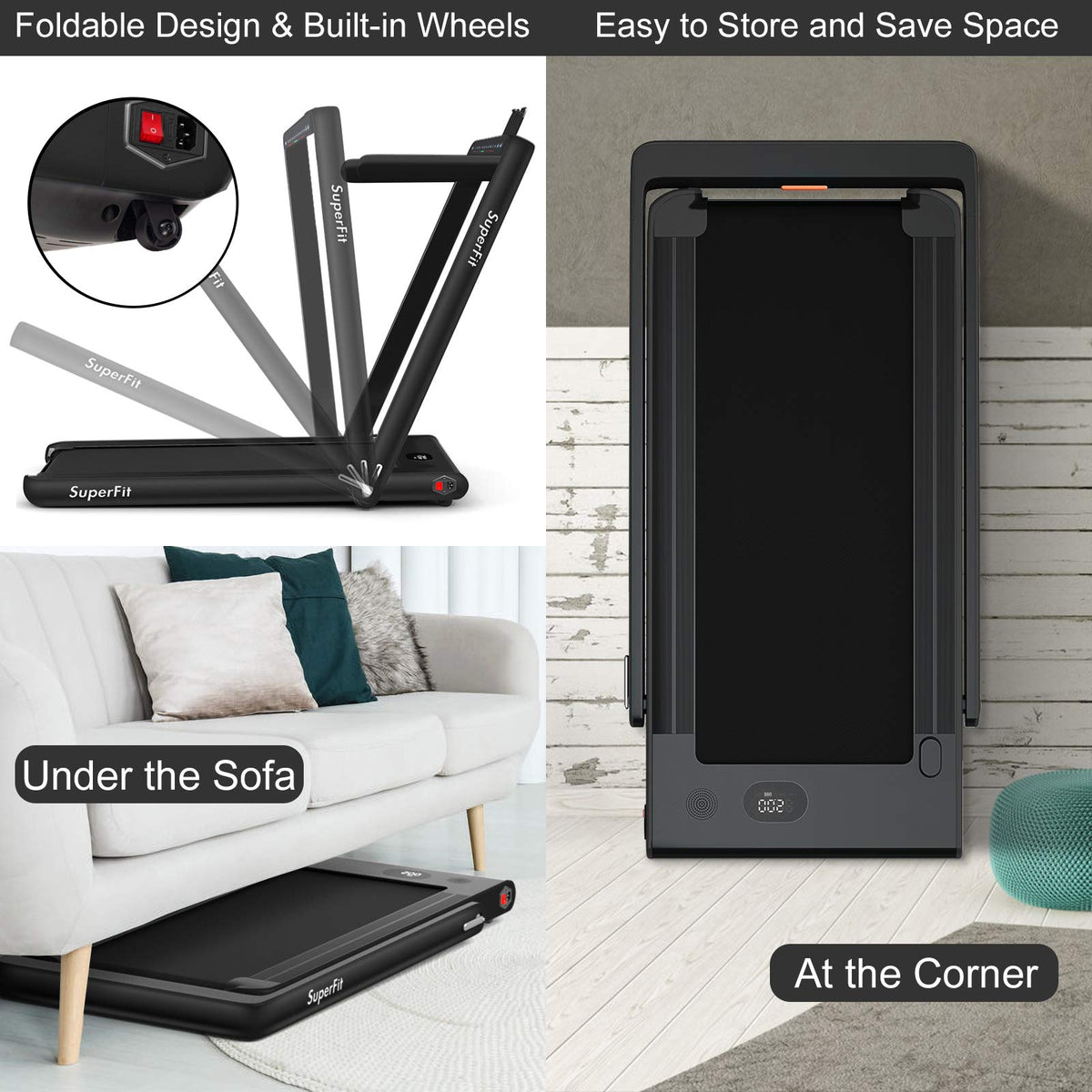 2 in 1 Folding Treadmill with Dual Display, 2.25HP Superfit Under Desk Electric Pad - Prioka