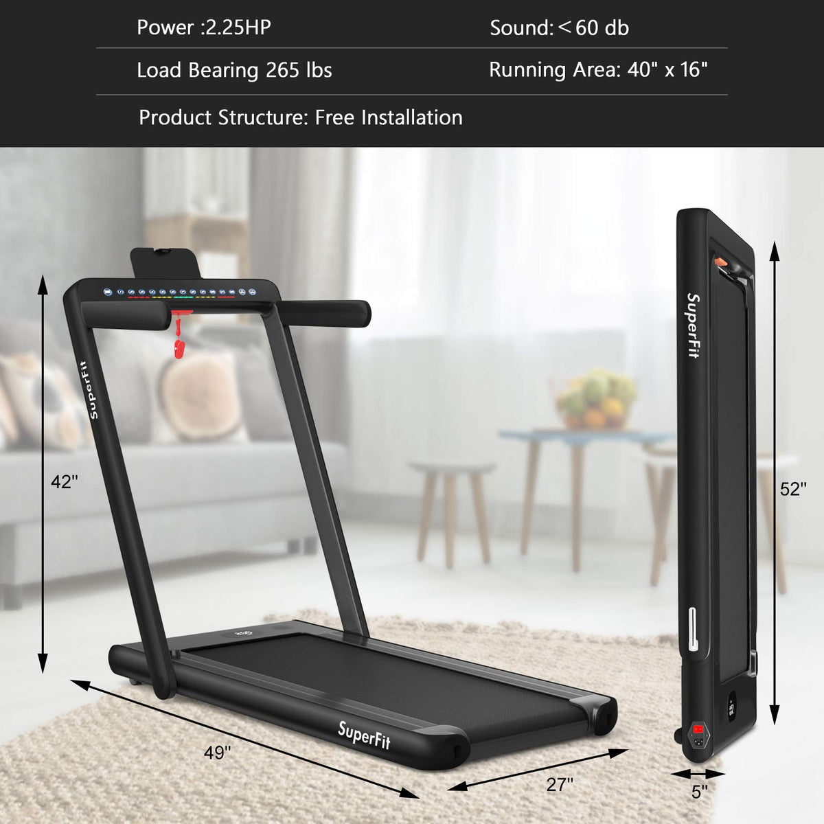 2 in 1 Folding Treadmill with Dual Display, 2.25HP Superfit Under Desk Electric Pad - Prioka