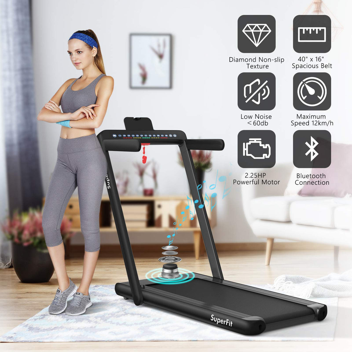 2 in 1 Folding Treadmill with Dual Display, 2.25HP Superfit Under Desk Electric Pad - Prioka