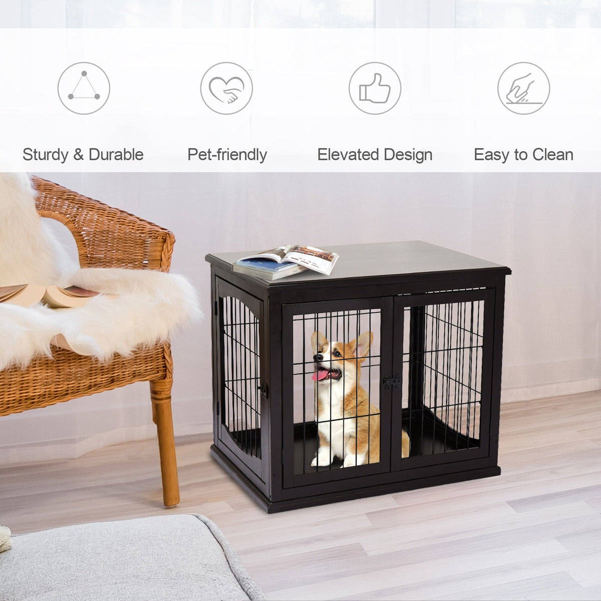 26'' Decorative Dog Cage Wooden Pet Crate Kennel with Double Door Entrance & a Simple Modern Design - Prioka