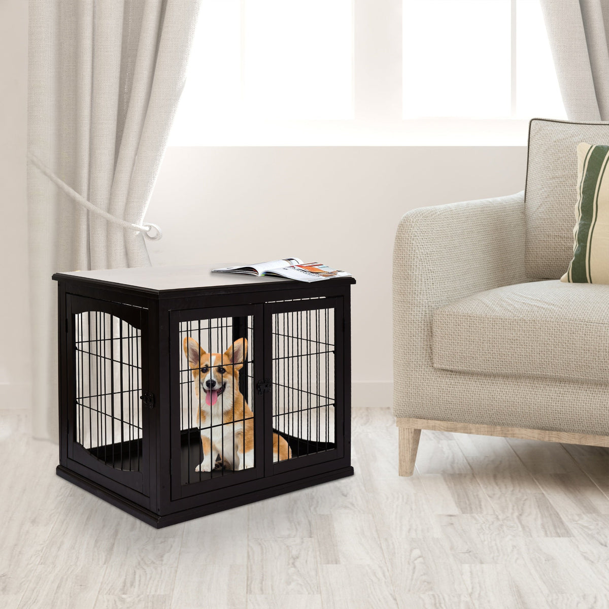 26'' Decorative Dog Cage Wooden Pet Crate Kennel with Double Door Entrance & a Simple Modern Design - Prioka