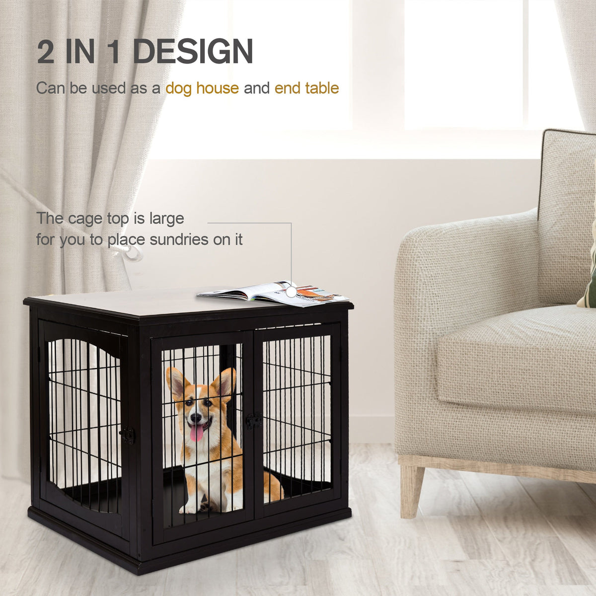 26'' Decorative Dog Cage Wooden Pet Crate Kennel with Double Door Entrance & a Simple Modern Design - Prioka