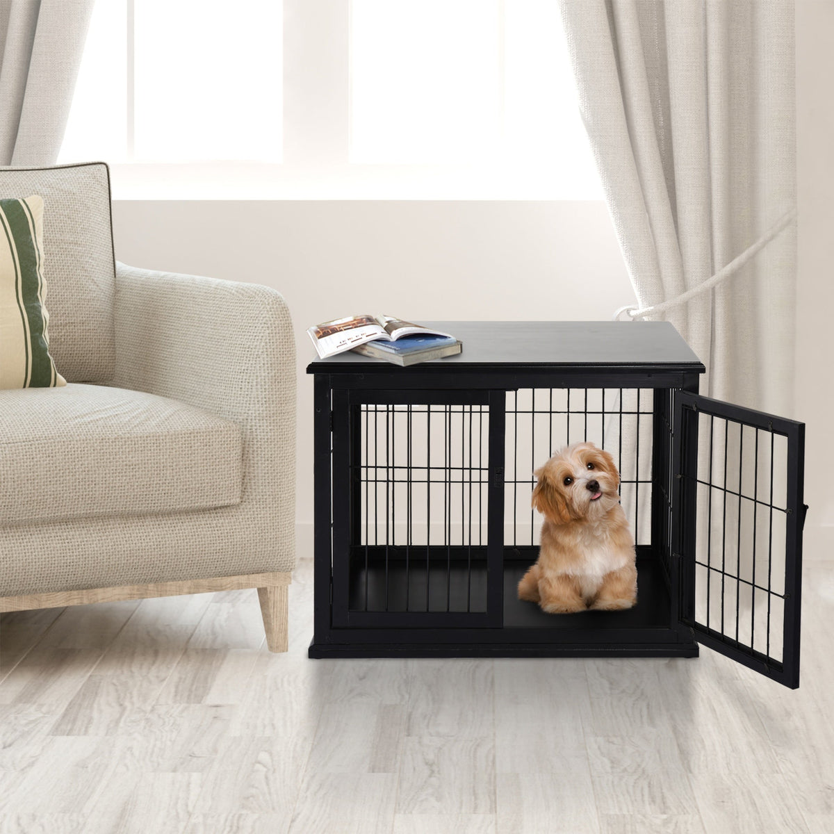 26'' Wooden Decorative Dog Cage Pet Crate Kennel with Double Door Entrance & a Simple Modern Design Black - Prioka