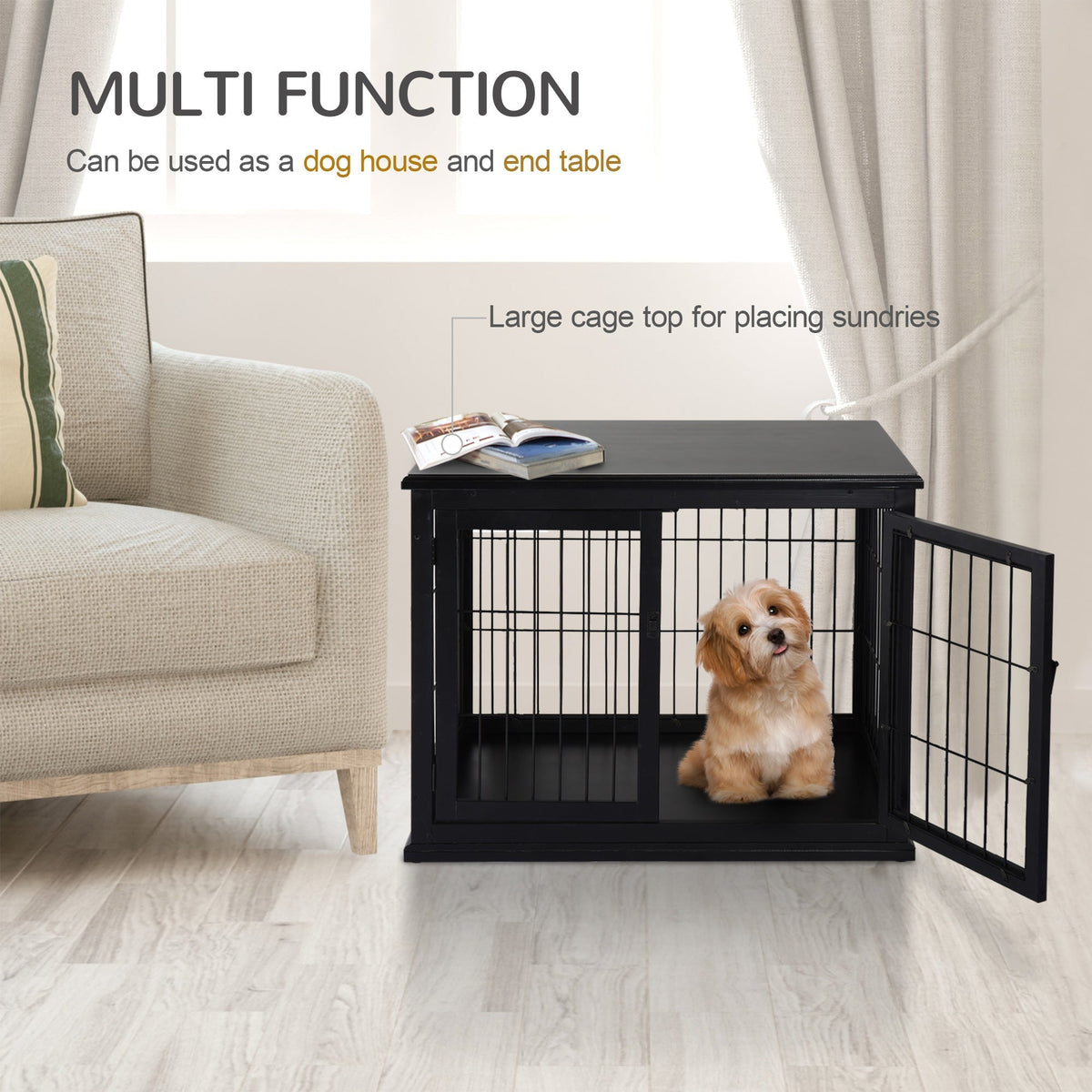 26'' Wooden Decorative Dog Cage Pet Crate Kennel with Double Door Entrance & a Simple Modern Design Black - Prioka