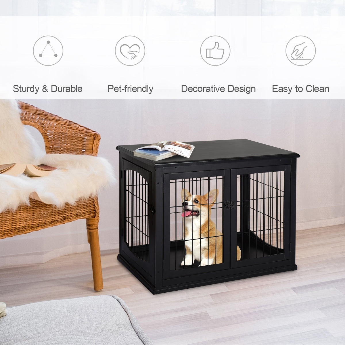 26'' Wooden Decorative Dog Cage Pet Crate Kennel with Double Door Entrance & a Simple Modern Design Black - Prioka
