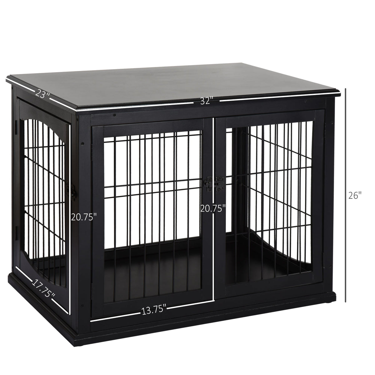 26'' Wooden Decorative Dog Cage Pet Crate Kennel with Double Door Entrance & a Simple Modern Design Black - Prioka