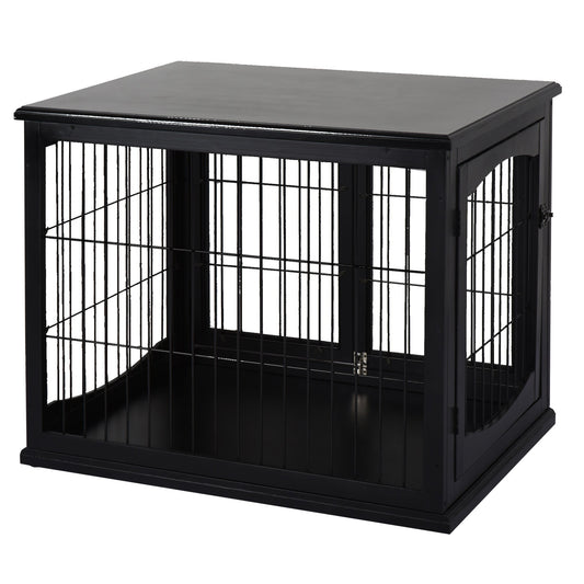 26'' Wooden Decorative Dog Cage Pet Crate Kennel with Double Door Entrance & a Simple Modern Design Black - Prioka