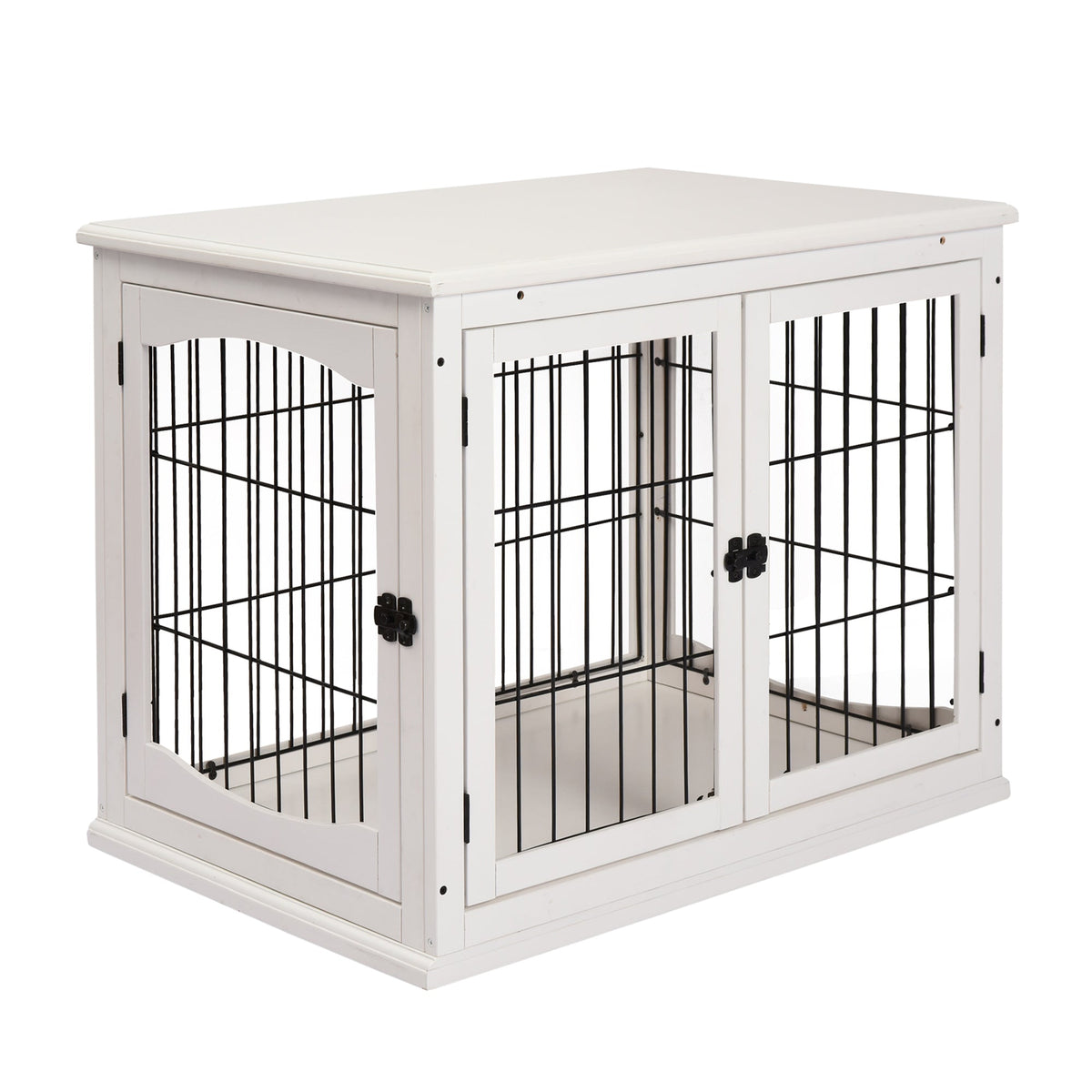 26" Wooden Dog Crate, Furniture Style Pet Cage Kennel, End Table, with Lockable Double Door Entrance, and Top Shelf, White - Prioka