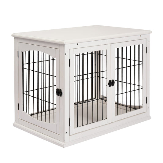 26" Wooden Dog Crate, Furniture Style Pet Cage Kennel, End Table, with Lockable Double Door Entrance, and Top Shelf, White - Prioka