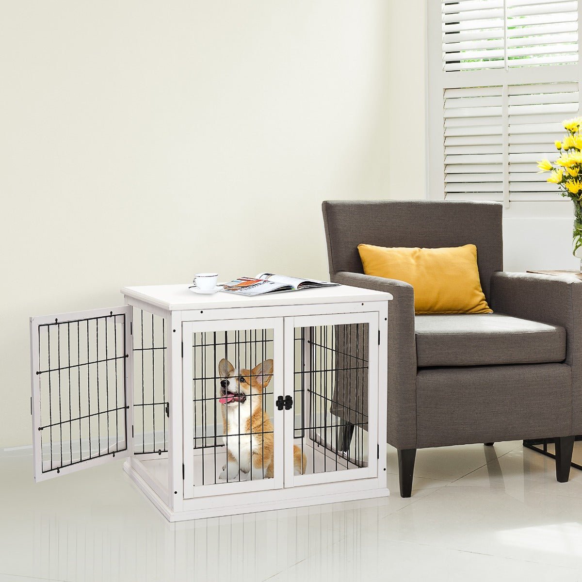 26" Wooden Dog Crate, Furniture Style Pet Cage Kennel, End Table, with Lockable Double Door Entrance, and Top Shelf, White - Prioka
