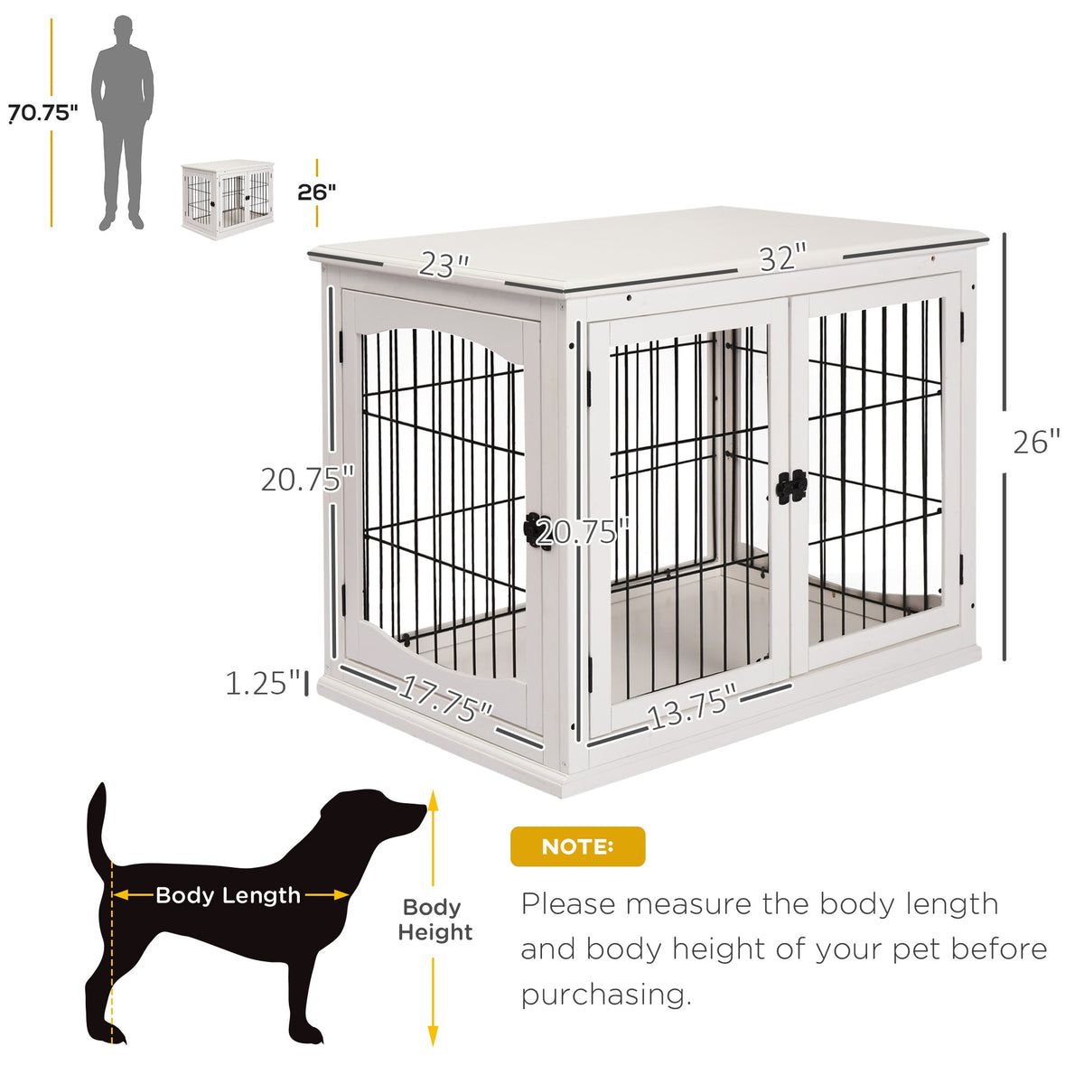 26" Wooden Dog Crate, Furniture Style Pet Cage Kennel, End Table, with Lockable Double Door Entrance, and Top Shelf, White - Prioka
